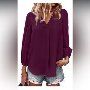 Women’s Elegant Long Sleeves V Neck Top Loose Chiffon Blouse Size S